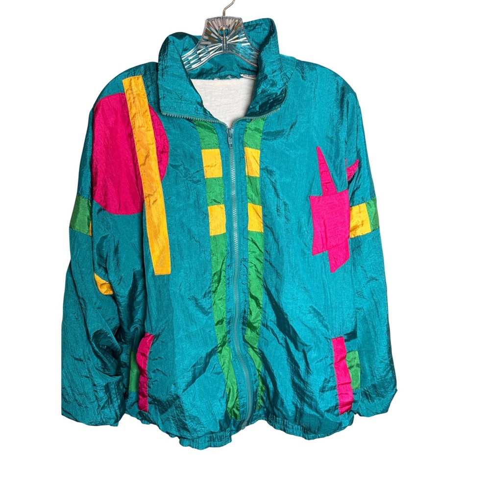 Vintage 80s 90s Walmart Colorblock Windbreaker Jacket XL Teal Pink Yellow Retro